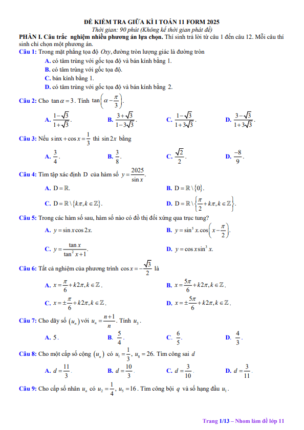 05 đề kiểm tra giữa học kì 1 Toán 11 cấu trúc trắc nghiệm mới