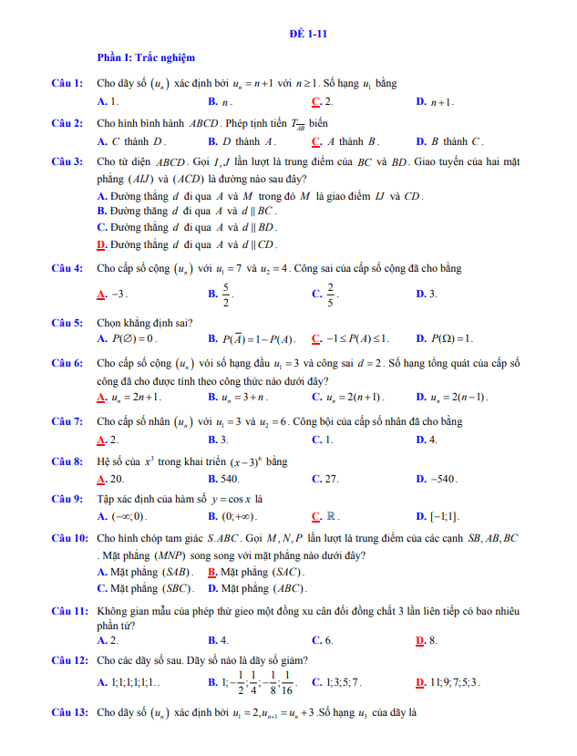 10 đề (70% trắc nghiệm + 30% tự luận) ôn thi cuối học kì 1 môn Toán 11