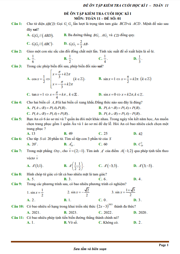 12 đề ôn tập kiểm tra cuối học kì 1 môn Toán 11 (100% trắc nghiệm)