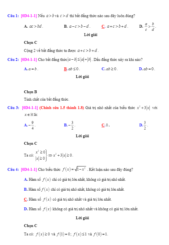 Bài tập trắc nghiệm bất đẳng thức và bất phương trình có lời giải chi tiết