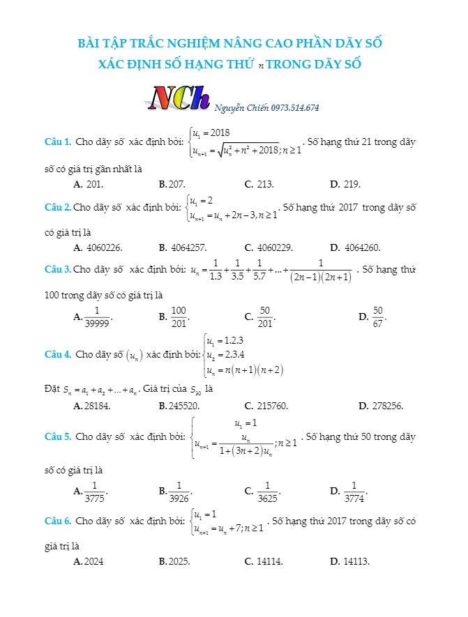 Bài tập trắc nghiệm xác định số hạng thứ n của dãy số – Nguyễn Chiến