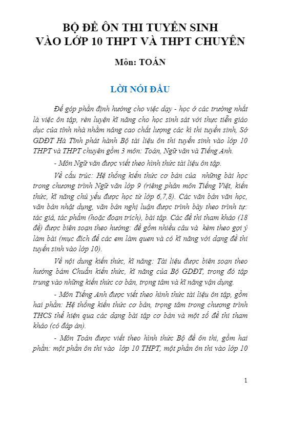 Bộ đề ôn thi tuyển sinh vào lớp 10 THPT và THPT chuyên môn Toán