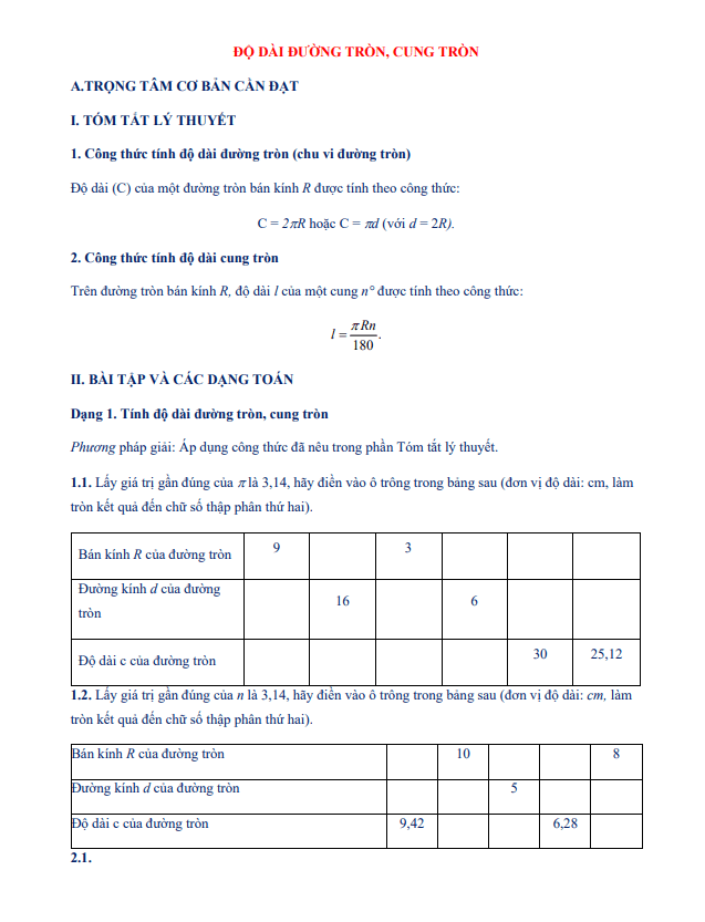 Chuyên đề độ dài đường tròn, cung tròn