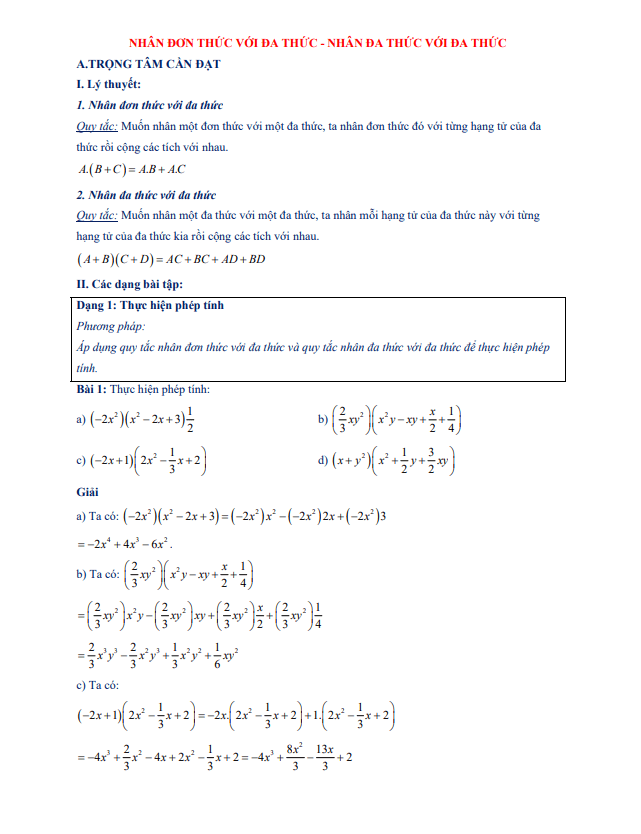 Chuyên đề nhân đơn thức với đa thức, nhân đa thức với đa thức