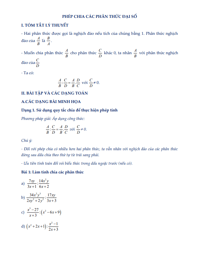 Chuyên đề phép chia các phân thức đại số