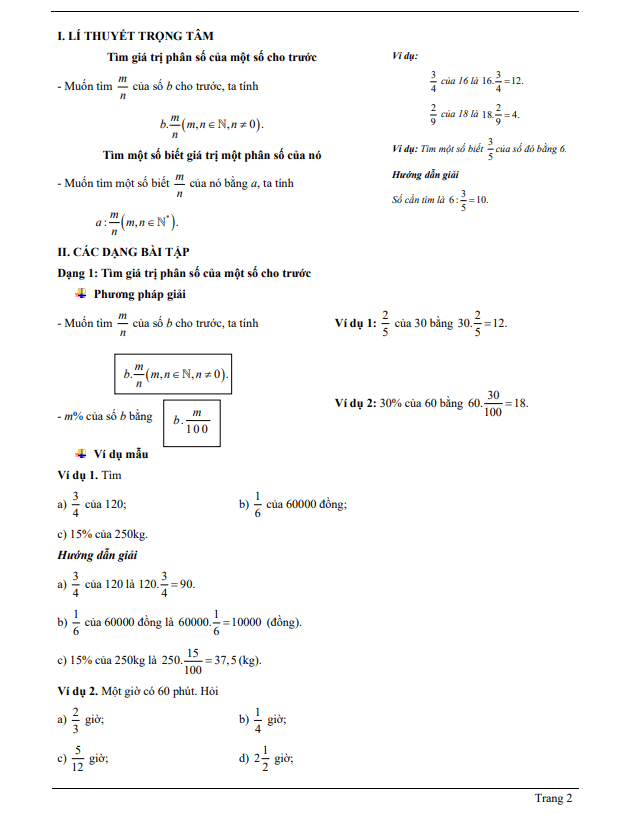 Chuyên đề tìm giá trị phân số của một số cho trước, tìm một số biết giá trị một phân số của nó