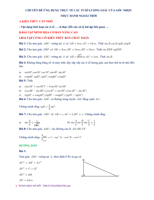 Chuyên đề ứng dụng thực tế các tỉ số lượng giác của góc nhọn, thực hành ngoài trời