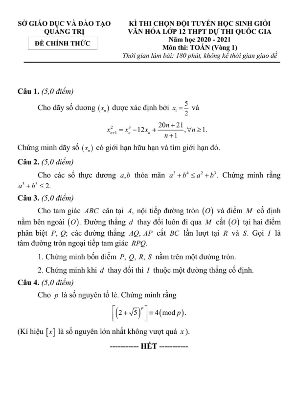 Đề chọn đội tuyển HSG Toán 12 THPT năm 2020 – 2021 sở GD&ĐT Quảng Trị