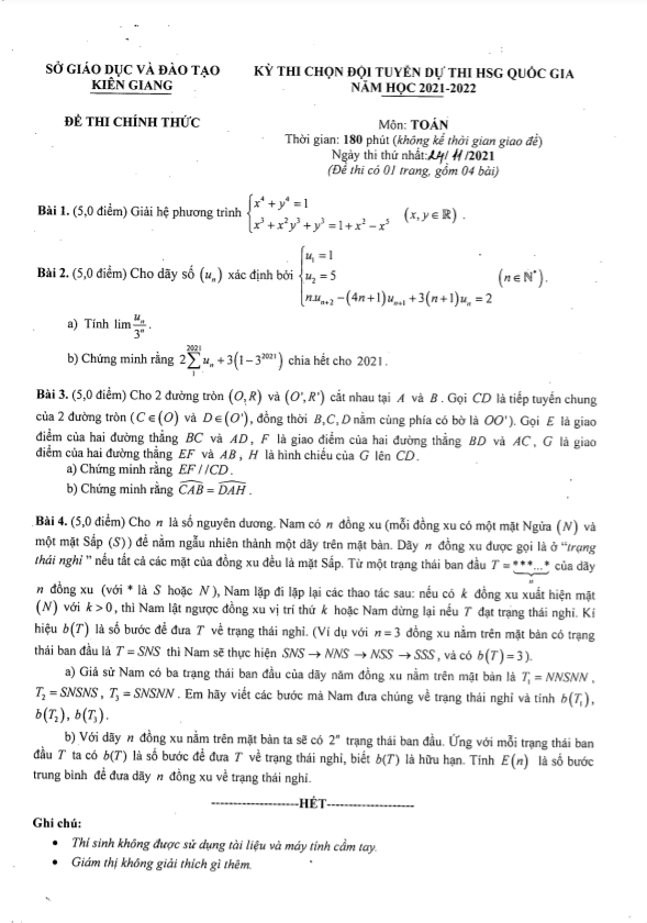 Đề chọn đội tuyển thi HSG QG môn Toán năm 2021 – 2022 sở GD&ĐT Kiên Giang