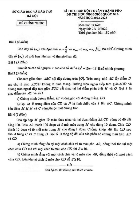 Đề chọn đội tuyển thi HSG QG môn Toán năm 2022 – 2023 sở GD&ĐT Hà Nội