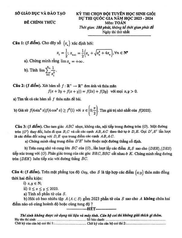 Đề chọn đội tuyển thi HSG QG môn Toán năm 2023 – 2024 sở GD&ĐT Bình Dương