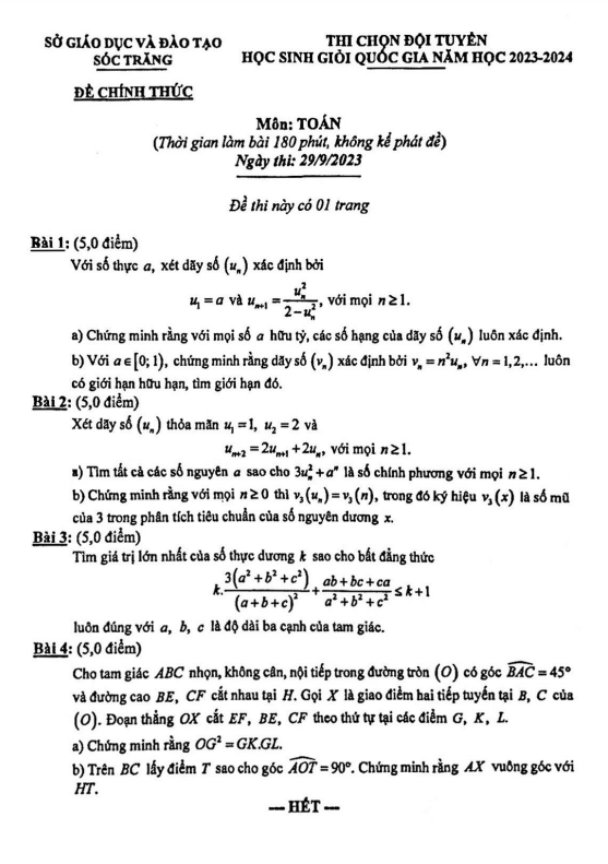 Đề chọn đội tuyển thi HSG QG môn Toán năm 2023 – 2024 sở GD&ĐT Sóc Trăng