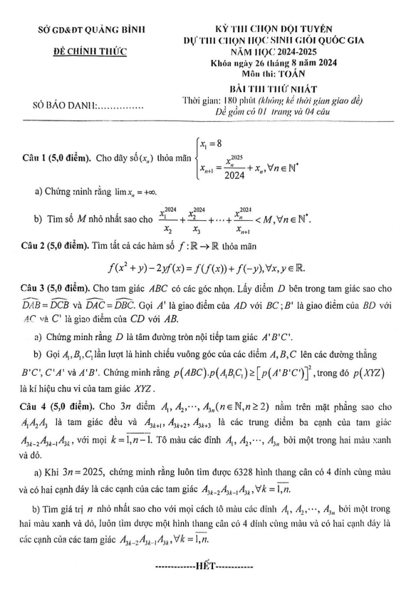 Đề chọn đội tuyển thi HSG QG môn Toán THPT năm 2024 – 2025 sở GD&ĐT Quảng Bình
