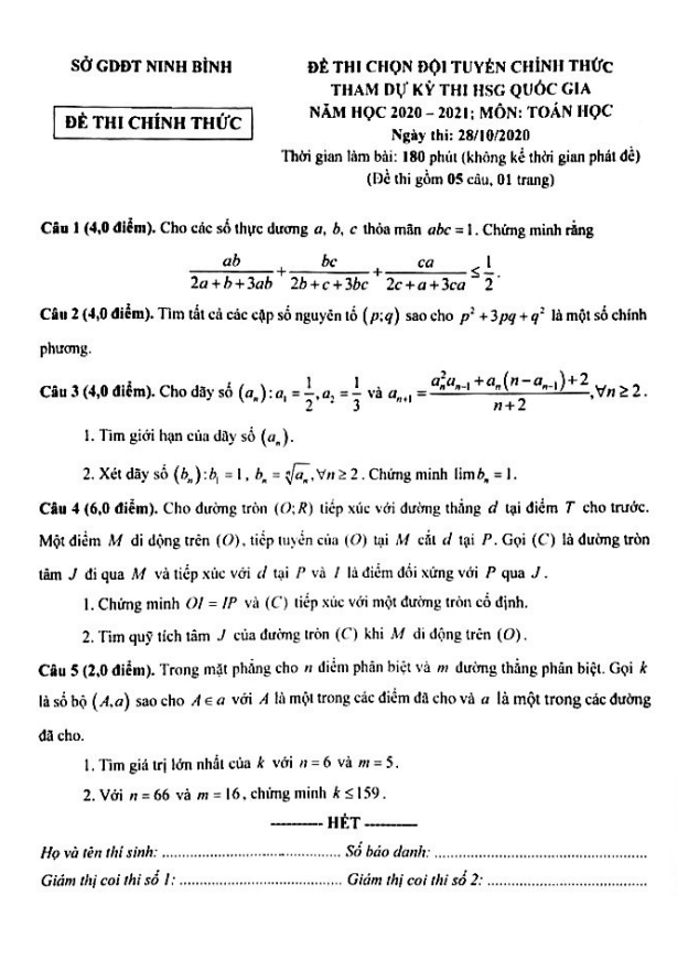 Đề chọn đội tuyển thi HSG Toán Quốc gia năm 2020 – 2021 sở GD&ĐT Ninh Bình