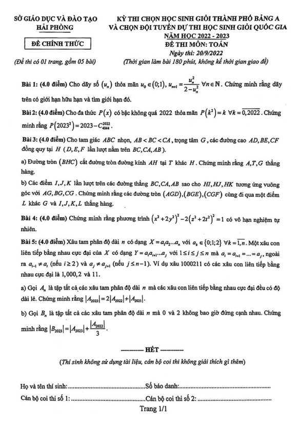 Đề chọn học sinh giỏi thành phố môn Toán năm 2022 – 2023 sở GD&ĐT Hải Phòng