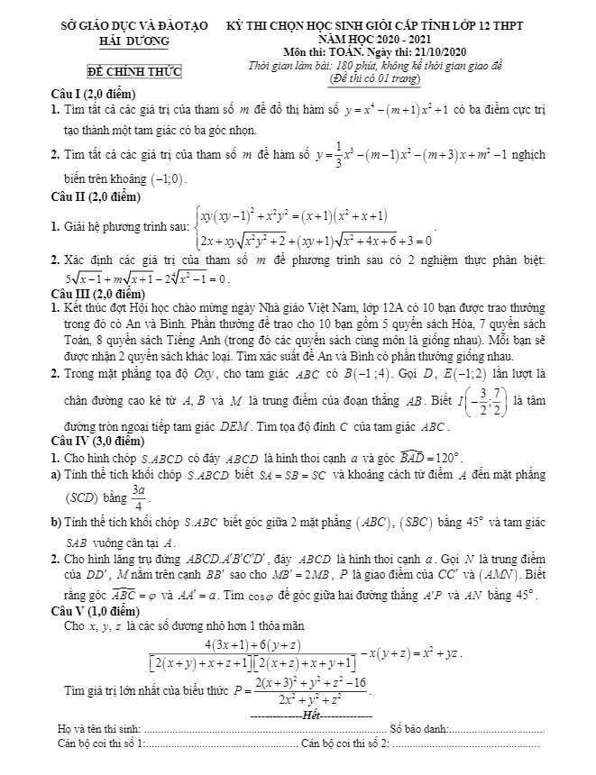 Đề chọn học sinh giỏi tỉnh Toán 12 năm 2020 – 2021 sở GD&ĐT Hải Dương