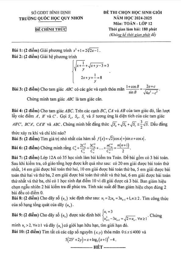 Đề chọn học sinh giỏi Toán 12 năm 2024 – 2025 trường Quốc Học Quy Nhơn – Bình Định