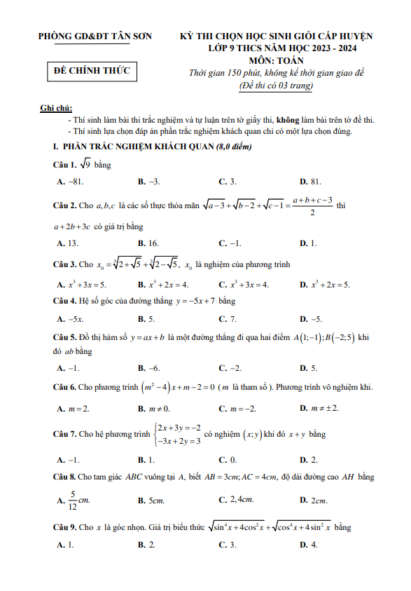 Đề chọn HSG huyện Toán 9 năm 2023 – 2024 phòng GD&ĐT Tân Sơn – Phú Thọ