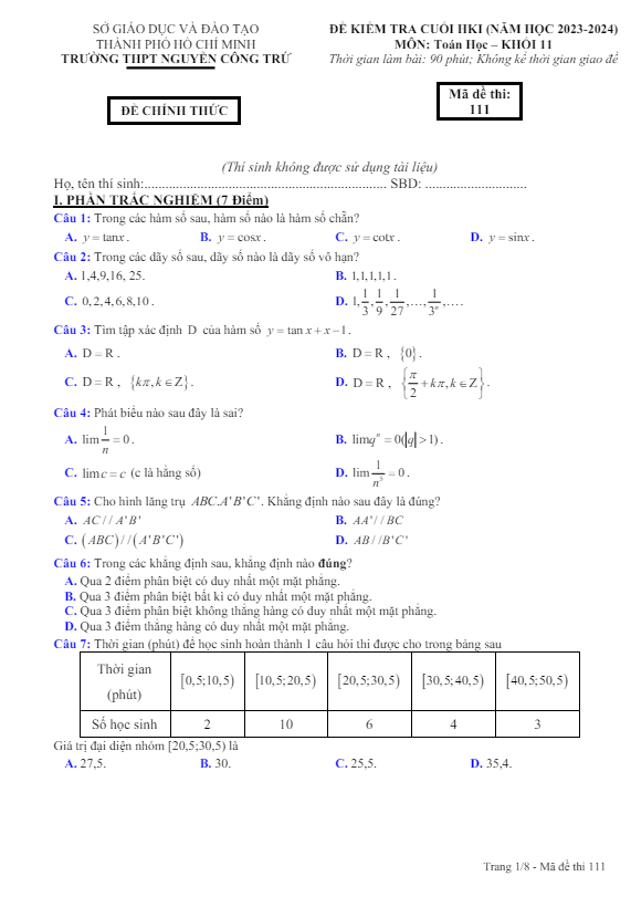 Đề cuối HK1 Toán 11 năm 2023 – 2024 trường THPT Nguyễn Công Trứ – TP HCM