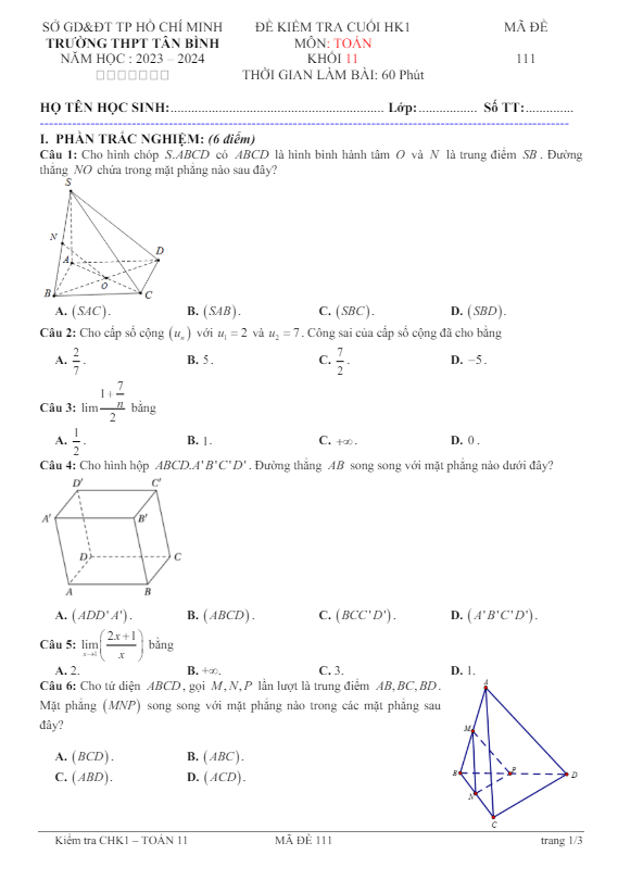 Đề cuối HK1 Toán 11 năm 2023 – 2024 trường THPT Tân Bình – TP HCM