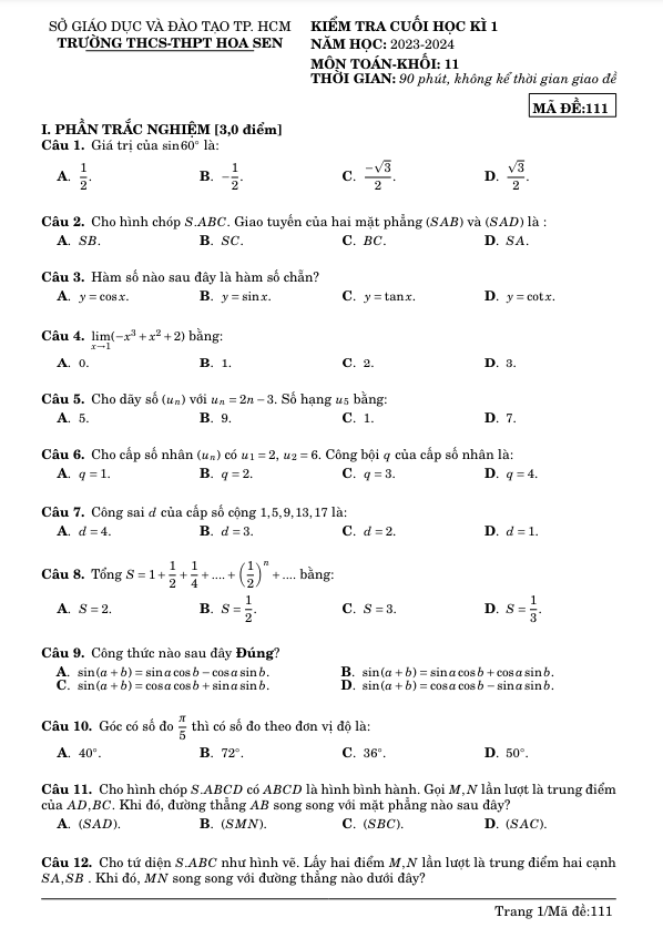 Đề cuối học kì 1 Toán 11 năm 2023 – 2024 trường THCS – THPT Hoa Sen – TP HCM