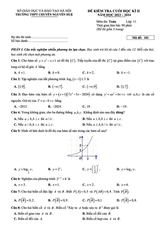 Đề cuối học kì 2 Toán 11 năm 2023 – 2024 trường chuyên Nguyễn Huệ – Hà Nội