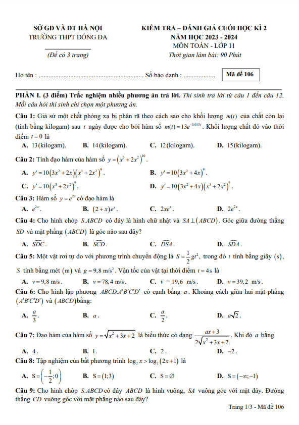 Đề cuối học kì 2 Toán 11 năm 2023 – 2024 trường THPT Đống Đa – Hà Nội