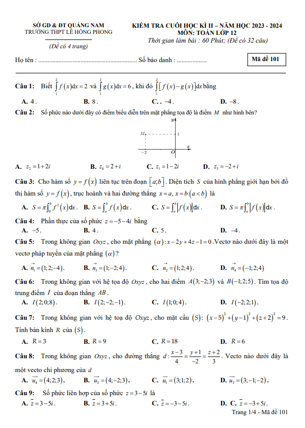 Đề cuối học kì 2 Toán 12 năm 2023 – 2024 trường THPT Lê Hồng Phong – Quảng Nam