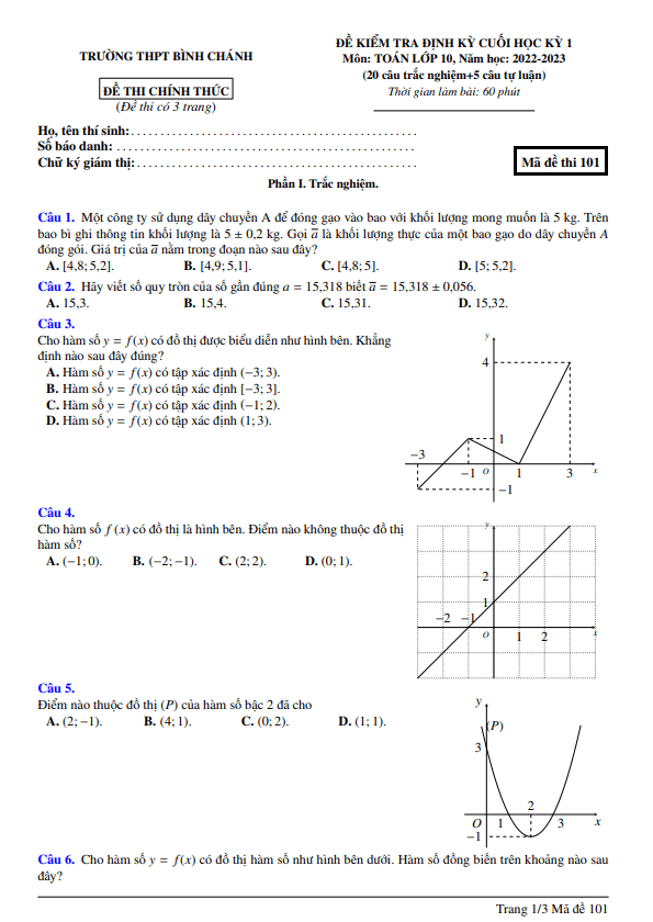 Đề cuối học kỳ 1 Toán 10 năm 2022 – 2023 trường THPT Bình Chánh – TP HCM