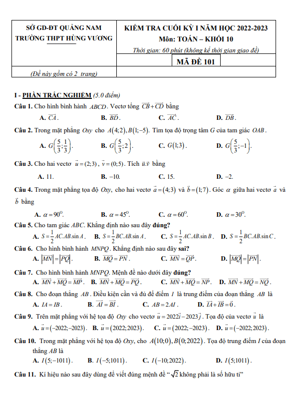 Đề cuối học kỳ 1 Toán 10 năm 2022 – 2023 trường THPT Hùng Vương – Quảng Nam