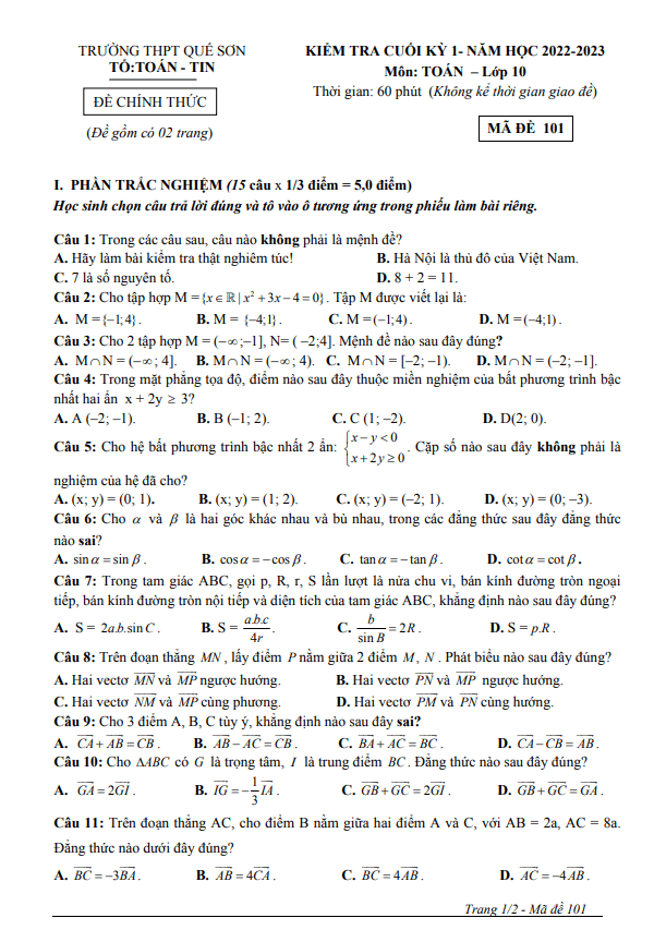 Đề cuối học kỳ 1 Toán 10 năm 2022 – 2023 trường THPT Quế Sơn – Quảng Nam