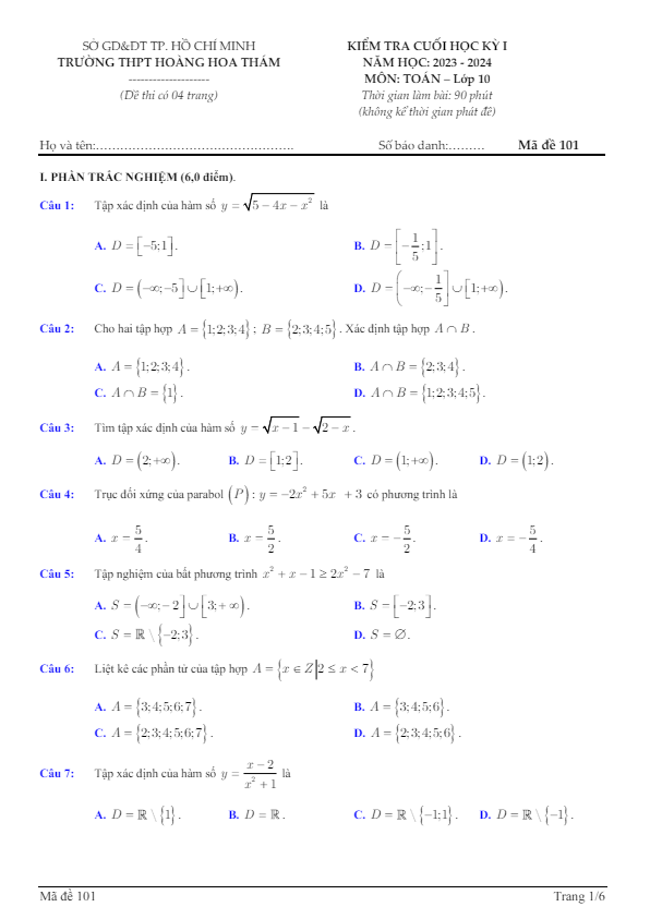 Đề cuối học kỳ 1 Toán 10 năm 2023 – 2024 trường THPT Hoàng Hoa Thám – TP HCM