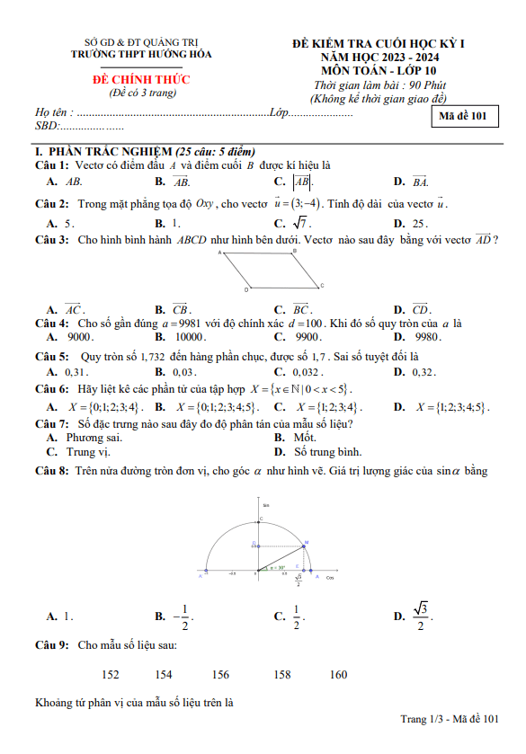 Đề cuối học kỳ 1 Toán 10 năm 2023 – 2024 trường THPT Hướng Hóa – Quảng Trị