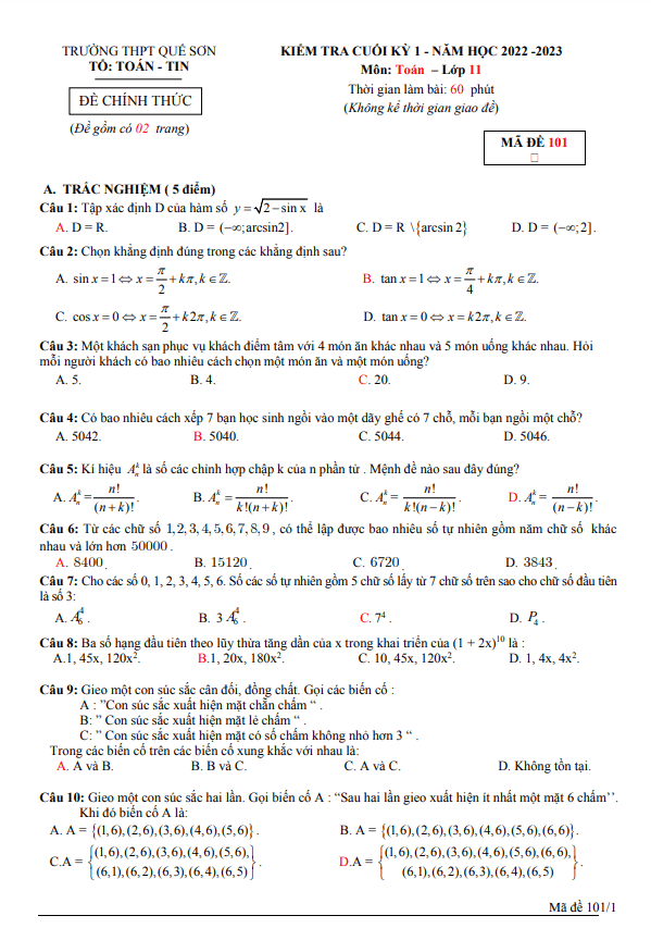 Đề cuối học kỳ 1 Toán 11 năm 2022 – 2023 trường THPT Quế Sơn – Quảng Nam