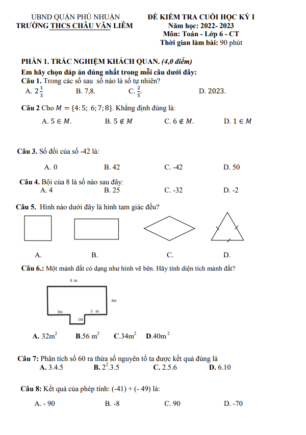 Đề cuối học kỳ 1 Toán 6 năm 2022 – 2023 trường THCS Châu Văn Liêm – TP HCM