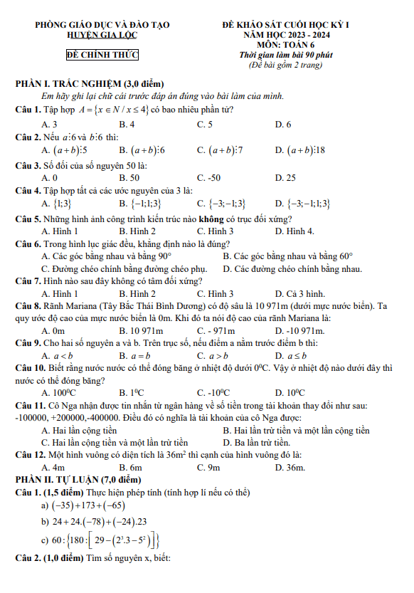 Đề cuối học kỳ 1 Toán 6 năm 2023 – 2024 phòng GD&ĐT Gia Lộc – Hải Dương