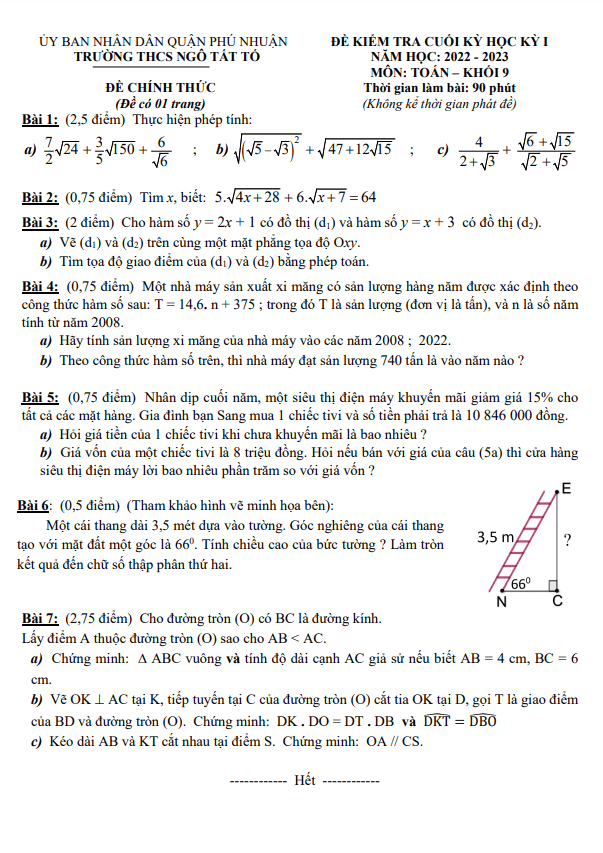 Đề cuối học kỳ 1 Toán 9 năm 2022 – 2023 trường THCS Ngô Tất Tố – TP HCM
