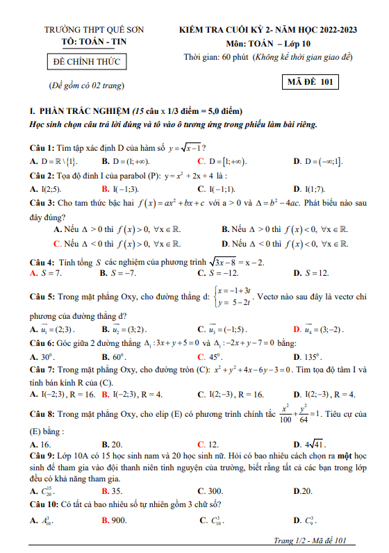 Đề cuối học kỳ 2 Toán 10 năm 2022 – 2023 trường THPT Quế Sơn – Quảng Nam