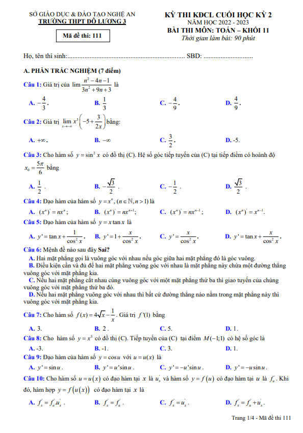 Đề cuối học kỳ 2 Toán 11 năm 2022 – 2023 trường THPT Đô Lương 3 – Nghệ An