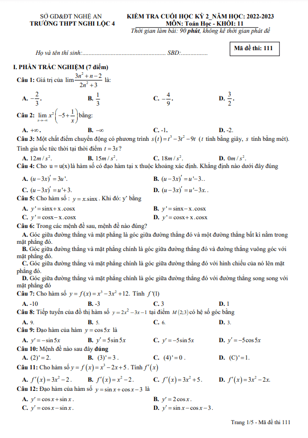 Đề cuối học kỳ 2 Toán 11 năm 2022 – 2023 trường THPT Nghi Lộc 4 – Nghệ An