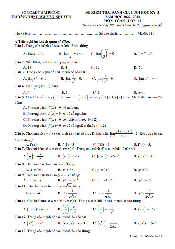 Đề cuối học kỳ 2 Toán 11 năm 2022 – 2023 trường THPT Nguyễn Khuyến – Hải Phòng