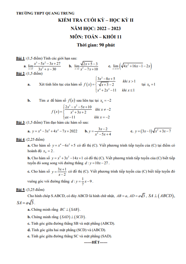 Đề cuối học kỳ 2 Toán 11 năm 2022 – 2023 trường THPT Quang Trung – TP HCM