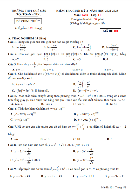 Đề cuối học kỳ 2 Toán 11 năm 2022 – 2023 trường THPT Quế Sơn – Quảng Nam