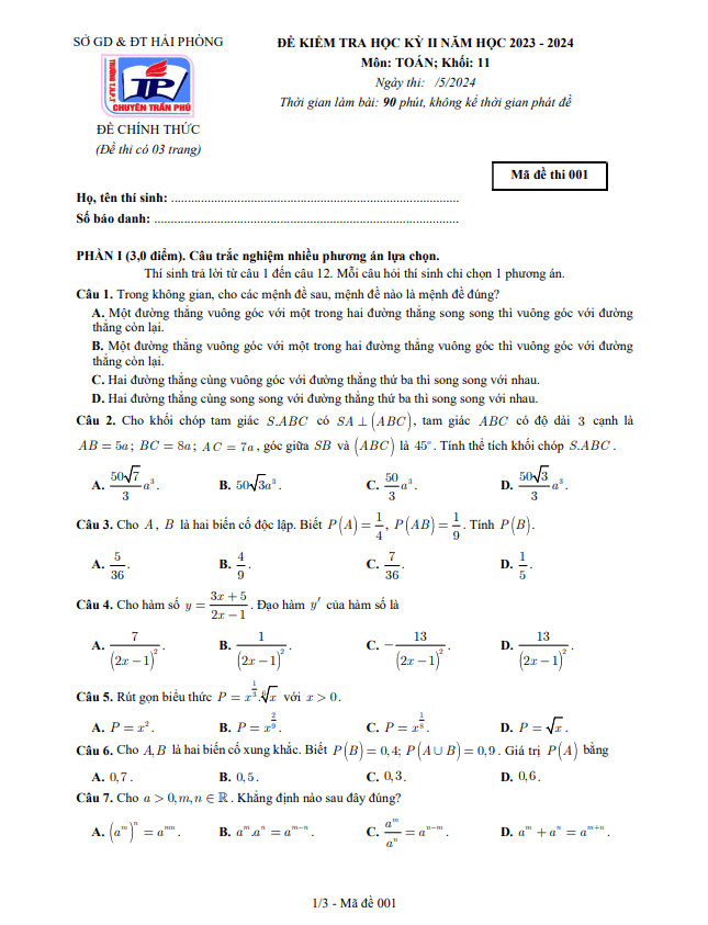 Đề cuối học kỳ 2 Toán 11 năm 2023 – 2024 trường chuyên Trần Phú – Hải Phòng