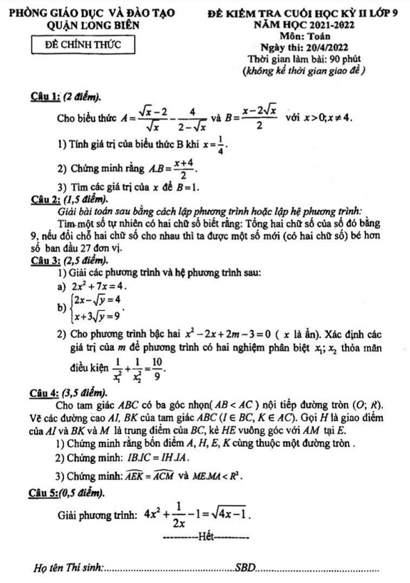 Đề cuối học kỳ 2 Toán 9 năm 2021 – 2022 phòng GD&ĐT Long Biên – Hà Nội