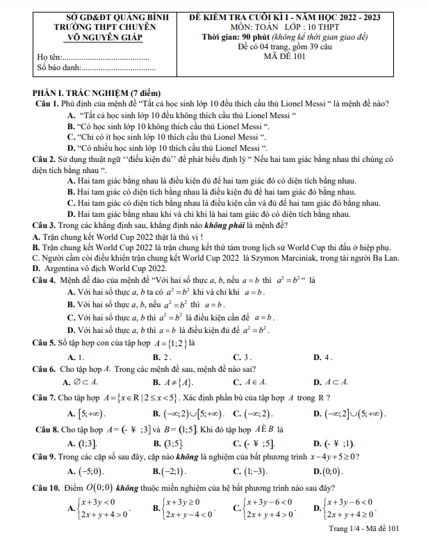 Đề cuối kì 1 Toán 10 năm 2022 – 2023 trường chuyên Võ Nguyên Giáp – Quảng Bình