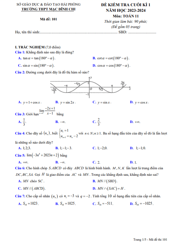 Đề cuối kì 1 Toán 11 năm 2023 – 2024 trường THPT Mạc Đĩnh Chi – Hải Phòng