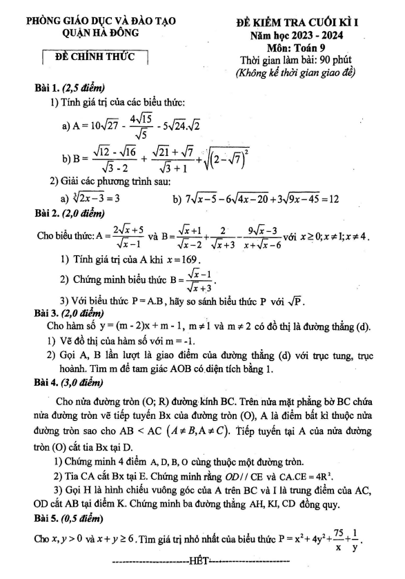 Đề cuối kì 1 Toán 9 năm 2023 – 2024 phòng GD&ĐT Hà Đông – Hà Nội