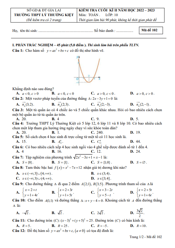 Đề cuối kì 2 Toán 10 năm 2022 – 2023 trường THPT Lý Thường Kiệt – Gia Lai