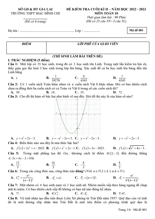 Đề cuối kì 2 Toán 10 năm 2022 – 2023 trường THPT Mạc Đĩnh Chi – Gia Lai